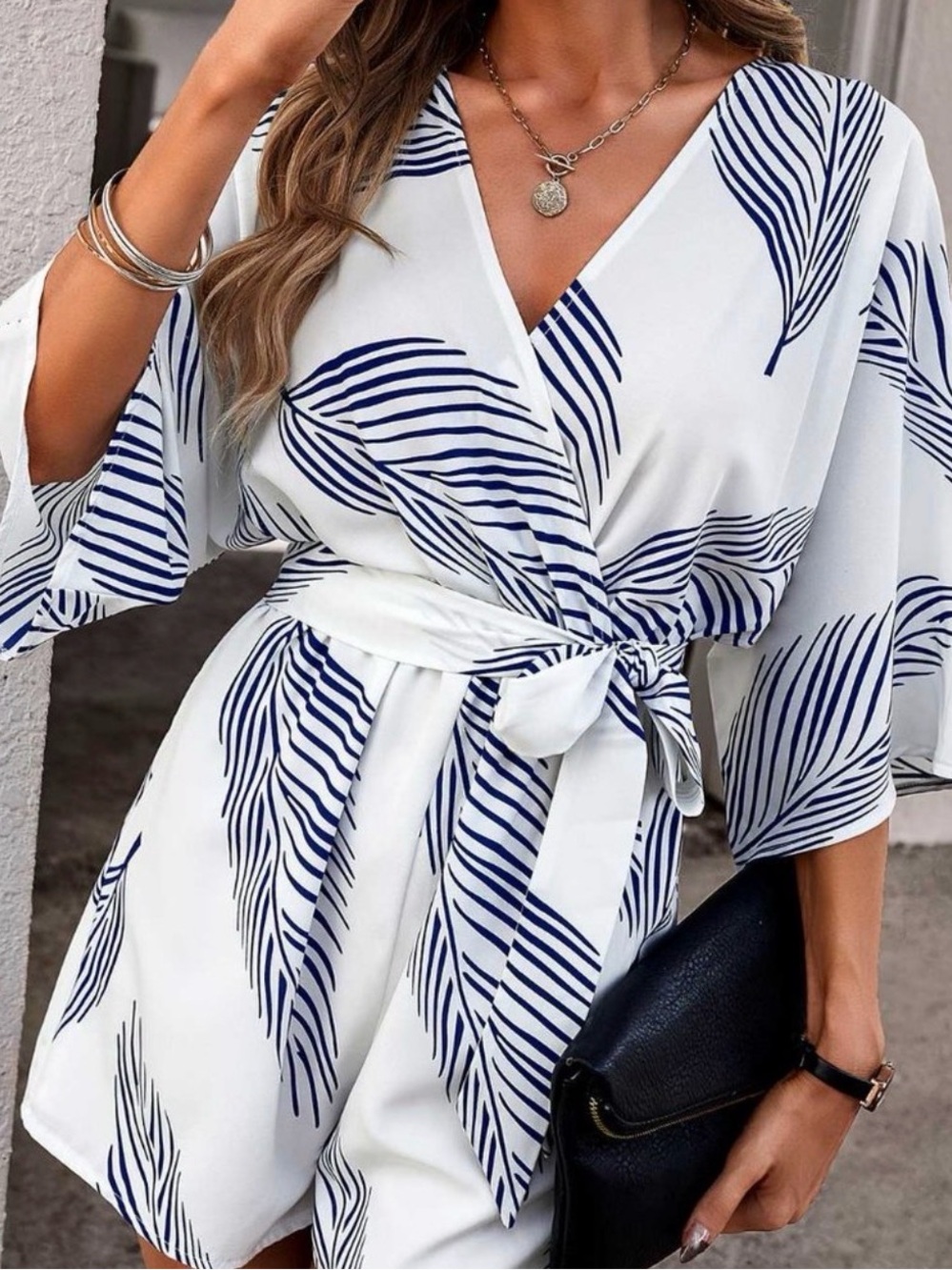 White Wrap Blue Navy Palm Leaf Print Shorts Romper Medium